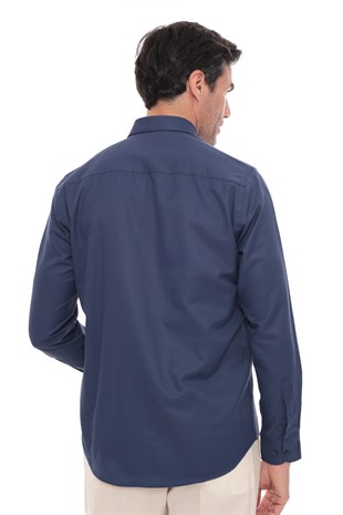 Slim Fit Uzun Kol Baklava Desen Kol Nakışlı Yaka Düğmeli Hediye Kutulu Şık Erkek Gömlek FS-004200 - Lacivert