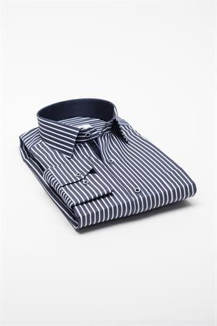 Klasik Uzun Kol Premium Kalın Çizgili Hediye Kutulu Erkek Gömlek FS-001266 - Lacivert Beyaz