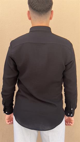 Slim Fit Uzun Kol Müslin Pamuk Rahat Nefes Alabilen Kumaştan Yaka Düğmeli Hediye Kutulu Erkek Gömlek FS-004202 - Siyah