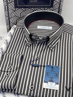 Slim Fit Uzun Kol Premium Kalın Çizgili Yaka Düğmeli Hediye Kutulu Kolay Ütülenebilir Erkek Gömlek FS-001375 - Siyah