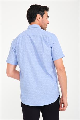 Klasik Kısa Kol Açık Zemin Kutu Desen Keten Cotton Hediye Kutulu Erkek Gömlek FS-000745 - Mavi