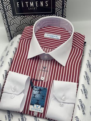 Klasik Uzun Kol Cepsiz Yaka Manşet Beyaz Hediye Kutulu Erkek Gömlek FS-004325 - Bordo Beyaz