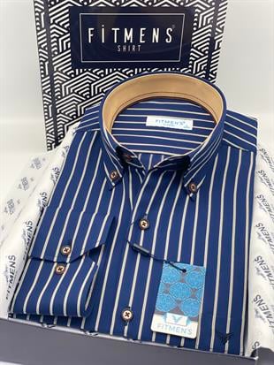 Klasik Geniş Kesim Uzun Kol Elegance Çizgili Yaka Düğmeli Hediye Kutulu Erkek Gömlek FS-004340 - Lacivert Hardal