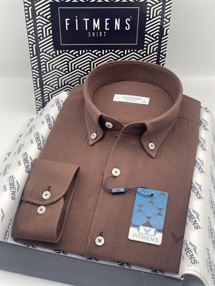 Slim Fit Uzun Kol Müslin Pamuk Rahat Nefes Alabilen Kumaştan Yaka Düğmeli Hediye Kutulu Erkek Gömlek FS-004202 - Kahverengi