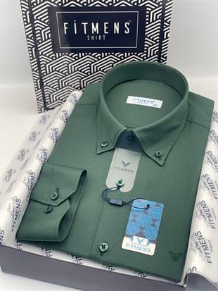 Slim Fit Uzun Kol Pamuklu Hediye Kutulu Kolay Ütülenebilir Erkek Gömlek FS-002225 - Koyu Yeşil