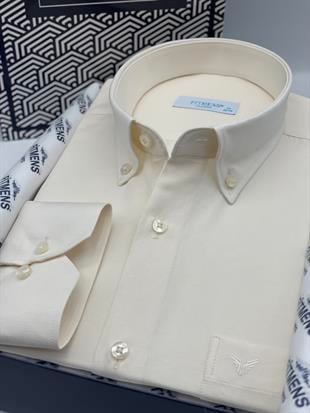 Klasik Uzun Kol Pamuklu Yaka Düğmeli Hediye Kutulu Kolay Ütülenebilir Erkek Gömlek FS-003897 - Krem