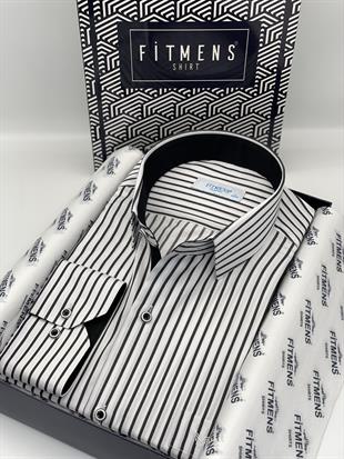 Klasik Uzun Kol Kalın Çizgili Hediye Kutulu Erkek Gömlek FS-001260 - Beyaz Siyah