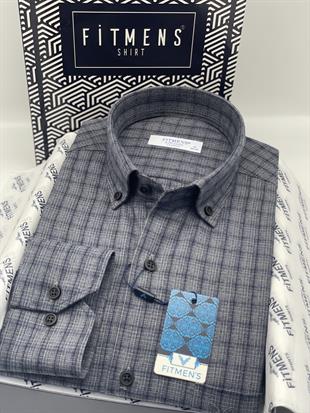 Klasik Uzun Kol Kışlık Kareli Yaka Düğmeli Pamuklu Hediye Kutulu Erkek Gömlek FS-004342 - Gri