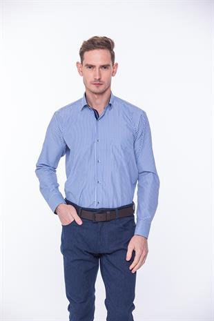 Klasik Uzun Kol Çubuk Çizgili Hediye Kutulu Erkek Gömlek FS-001365 - Beyaz Mavi