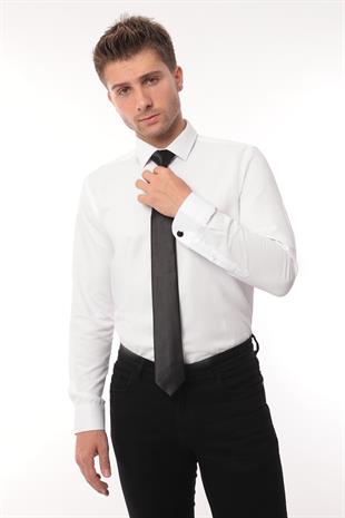 Gömlek Kravat Kol Düğmesi Seti (Hediye Kutusunda Düz Kravat+ Saten Gömlek + Kol Düğ.) FS-003021 - Beyaz Siyah
