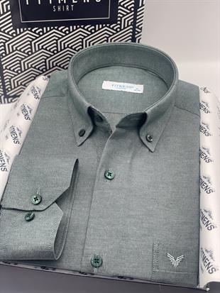 Klasik Uzun Kol Pamuklu Yaka Düğmeli Hediye Kutulu Kolay Ütülenebilir Erkek Gömlek FS-003897 - Yeşil