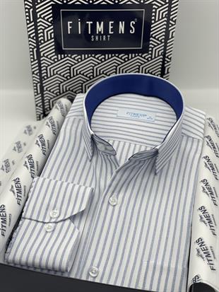 Klasik Uzun Kol Çizgili Hediye Kutulu Erkek Gömlek FS-003864 - Beyaz Saks Mavi