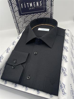 Klasik Uzun Kol Kare Armür Desenli Hediye Kutulu Erkek Gömlek FS-002151 - Siyah