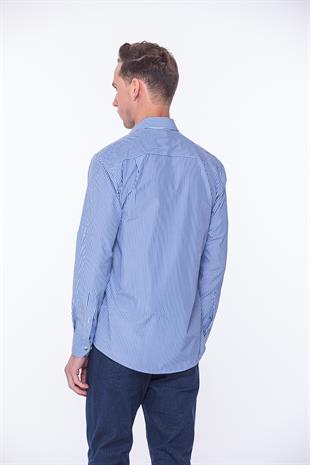 Klasik Uzun Kol Çubuk Çizgili Hediye Kutulu Erkek Gömlek FS-001365 - Beyaz Mavi
