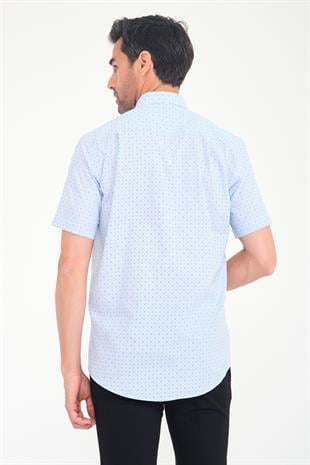 Klasik Kısa Kol Çarpı Filafil Desen Düğmeli Yaka Hediye Kutulu Erkek Gömlek FS-001215 - Mavi