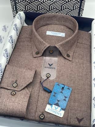 Klasik Uzun Kol Kışlık Balıksırtı Oduncu Yaka Düğmeli Pamuklu Hediye Kutulu Erkek Gömlek FS-001991 - Kahverengi