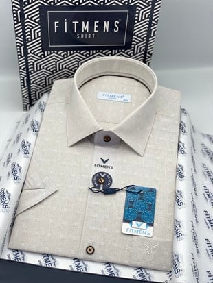 Klasik Kısa Kol Keten Cotton Nefes Alan Kumaş Hediye Kutulu Erkek Gömlek FS-004570 - Bej