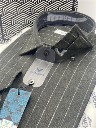 Klasik Uzun Kol Kışlık Çizgili Yaka Alttan Düğmeli Hediye Kutulu Erkek Gömlek FS-003363 - Haki