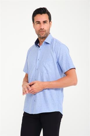 Klasik Kısa Kol Açık Zemin Kutu Desen Keten Cotton Hediye Kutulu Erkek Gömlek FS-000745 - Mavi