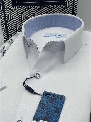 Klasik Kısa Kol Keten Cotton Hediye Kutulu Erkek Gömlek FS-003624 - Beyaz Açık Mavi