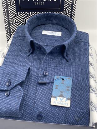 Klasik Uzun Kol Kışlık Yaka Düğmeli Yünlü %100 Cotton Hediye Kutulu Erkek Gömlek FS-003768 - Lacivert