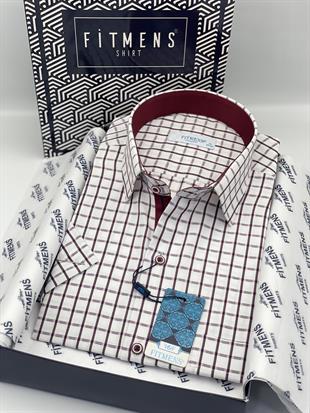 Klasik Kısa Kol Kareli Hediye Kutulu Erkek Gömlek FS-004155 - Beyaz Bordo