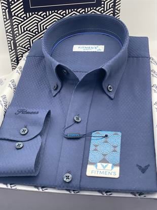 Slim Fit Uzun Kol Baklava Desen Kol Nakışlı Yaka Düğmeli Hediye Kutulu Şık Erkek Gömlek FS-004200 - Lacivert