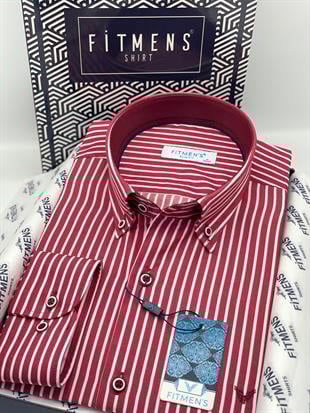 Slim Fit Uzun Kol Premium Kalın Çizgili Yaka Düğmeli Hediye Kutulu Kolay Ütülenebilir Erkek Gömlek FS-001375 - Bordo