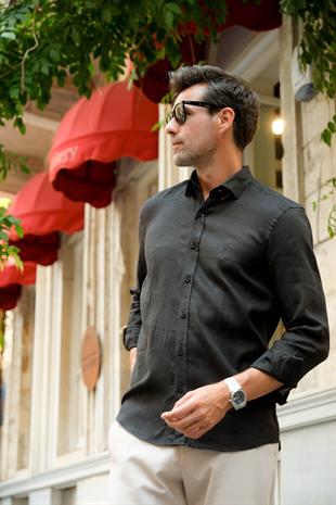 Slim Fit Uzun Kol %100 Keten Nefes Alabilen Kumaştan Hediye Kutulu Erkek Gömlek FS-004170 - Siyah