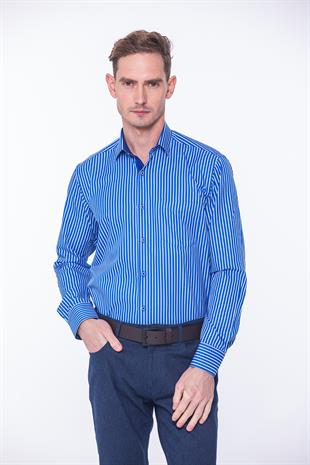 Klasik Uzun Kol Premium Kalın Çizgili Hediye Kutulu Erkek Gömlek FS-001266 - Saks Mavi Beyaz