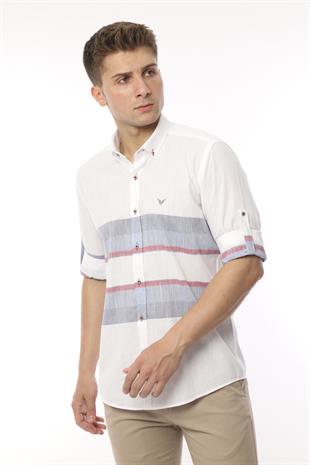 Slim Fit Uzun Kol Panolu Keten Hediye Kutulu Kolay Ütülenebilir Erkek Gömlek FS-002995 - Bordo Lacivert