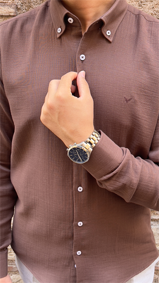 Slim Fit Uzun Kol Müslin Pamuk Rahat Nefes Alabilen Kumaştan Yaka Düğmeli Hediye Kutulu Erkek Gömlek FS-004202 - Kahverengi
