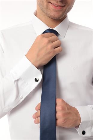 Gömlek Kravat Kol Düğmesi Seti (Hediye Kutusunda Düz Kravat+ Saten Gömlek + Kol Düğ.) FS-003021 - Beyaz Lacivert