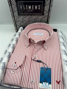 Slim Fit Uzun Kol Premium Çizgili Yaka Düğmeli Hediye Kutulu Erkek Gömlek FS-004440 - Bordo
