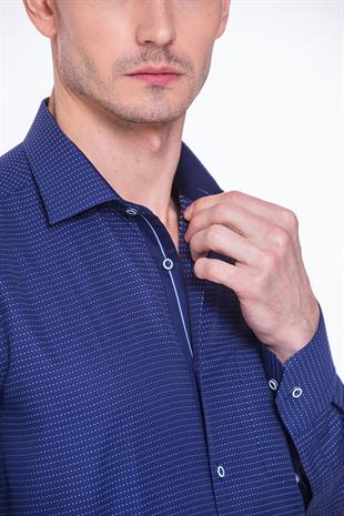 Klasik Uzun Kol Nokta Desenli Hediye Kutulu Erkek Gömlek FS-001259 - Lacivert