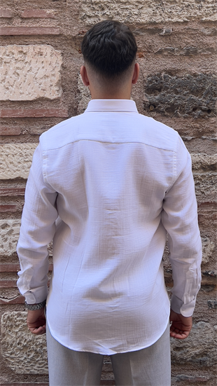 Slim Fit Uzun Kol Müslin Pamuk Rahat Nefes Alabilen Kumaştan Yaka Düğmeli Hediye Kutulu Erkek Gömlek FS-004202 - Beyaz