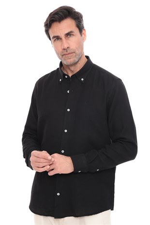 Slim Fit Uzun Kol Müslin Pamuk Rahat Nefes Alabilen Kumaştan Yaka Düğmeli Hediye Kutulu Erkek Gömlek FS-004202 - Siyah