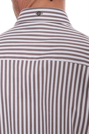 Slim Fit Uzun Kol Likralı Çizgili Yaka Düğmeli Hediye Kutulu Erkek Gömlek FS-003669 - Kahverengi