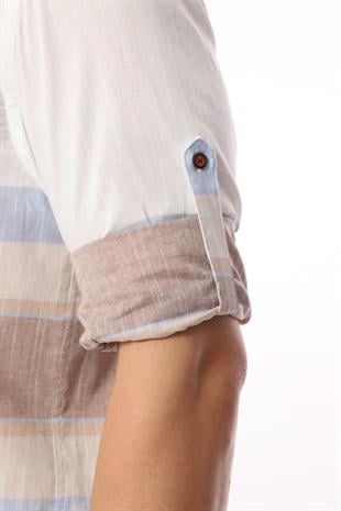 Slim Fit Uzun Kol Panolu Keten Hediye Kutulu Kolay Ütülenebilir Erkek Gömlek FS-002995 - Bej