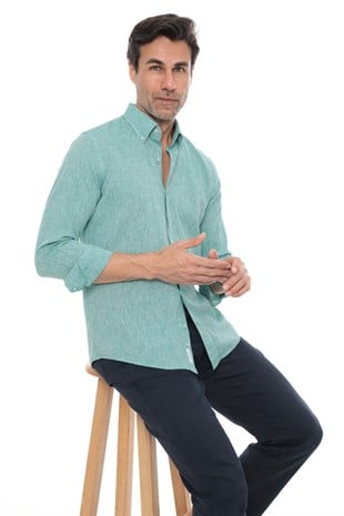 Slim Fit Uzun Kol Yaka Düğmeli Nefes Alan Keten Hediye Kutulu Erkek Gömlek FS-004548 - Açık Yeşil