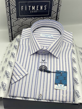 Klasik Kısa Kol Keten Cotton Nefes Alan Kumaş Hediye Kutulu Erkek Gömlek FS-004571 - Mavi