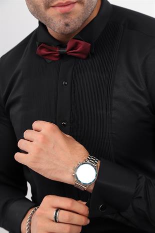 Slim Fit Uzun Kol Soft Saten Smokin Damatlık Erkek Hediye Kutulu Gömlek FS-001947 - Siyah