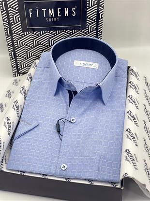 Klasik Kısa Kol Balıksırtı Kareli Hediye Kutulu Erkek Gömlek FS-004154 - Mavi