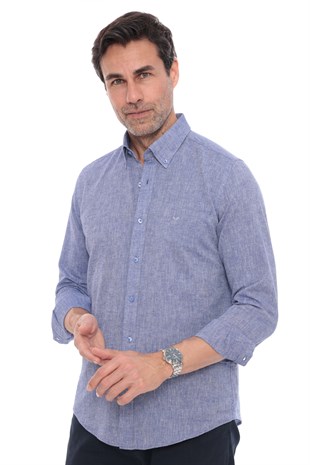 Slim Fit Uzun Kol Yaka Düğmeli Nefes Alan Keten Hediye Kutulu Erkek Gömlek FS-004548 - Saks Mavi