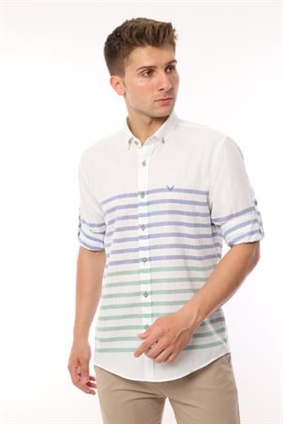 Slim Fit Uzun Kol Panolu Keten Hediye Kutulu Kolay Ütülenebilir Erkek Gömlek FS-002996 - Yeşil