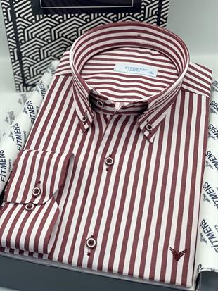 Slim Fit Uzun Kol Likralı Çizgili Yaka Düğmeli Hediye Kutulu Erkek Gömlek FS-003669 - Bordo