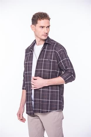 Klasik Uzun Kol Kışlık Ekoseli Oduncu Yaka Altı Düğmeli Pamuklu Hediye Kutulu Erkek Gömlek FS-001990 - Kahverengi