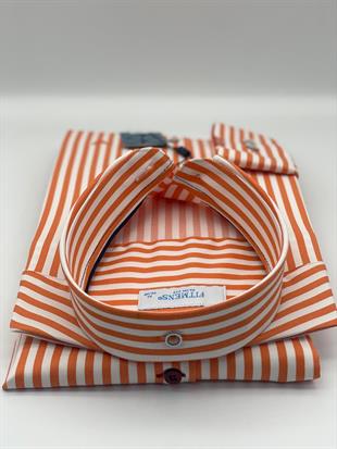 Slim Fit Uzun Kol Likralı Çizgili Yaka Düğmeli Hediye Kutulu Erkek Gömlek FS-003669 - Turuncu