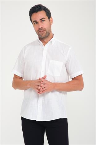 Klasik Kısa Kol Linen Keten Yaka Düğmeli Hediye Kutulu Erkek Gömlek FS-001202 - Ekru
