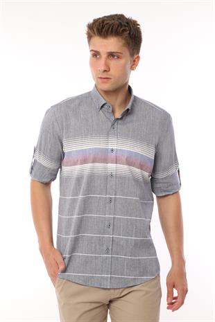 Slim Fit Uzun Kol Panolu Keten Hediye Kutulu Kolay Ütülenebilir Erkek Gömlek FS-002994 - Lacivert